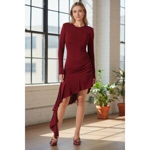 ASTR The Label Wine Slinky Ruched Ruffle hem Asymmetrical Dress cocktail sz S